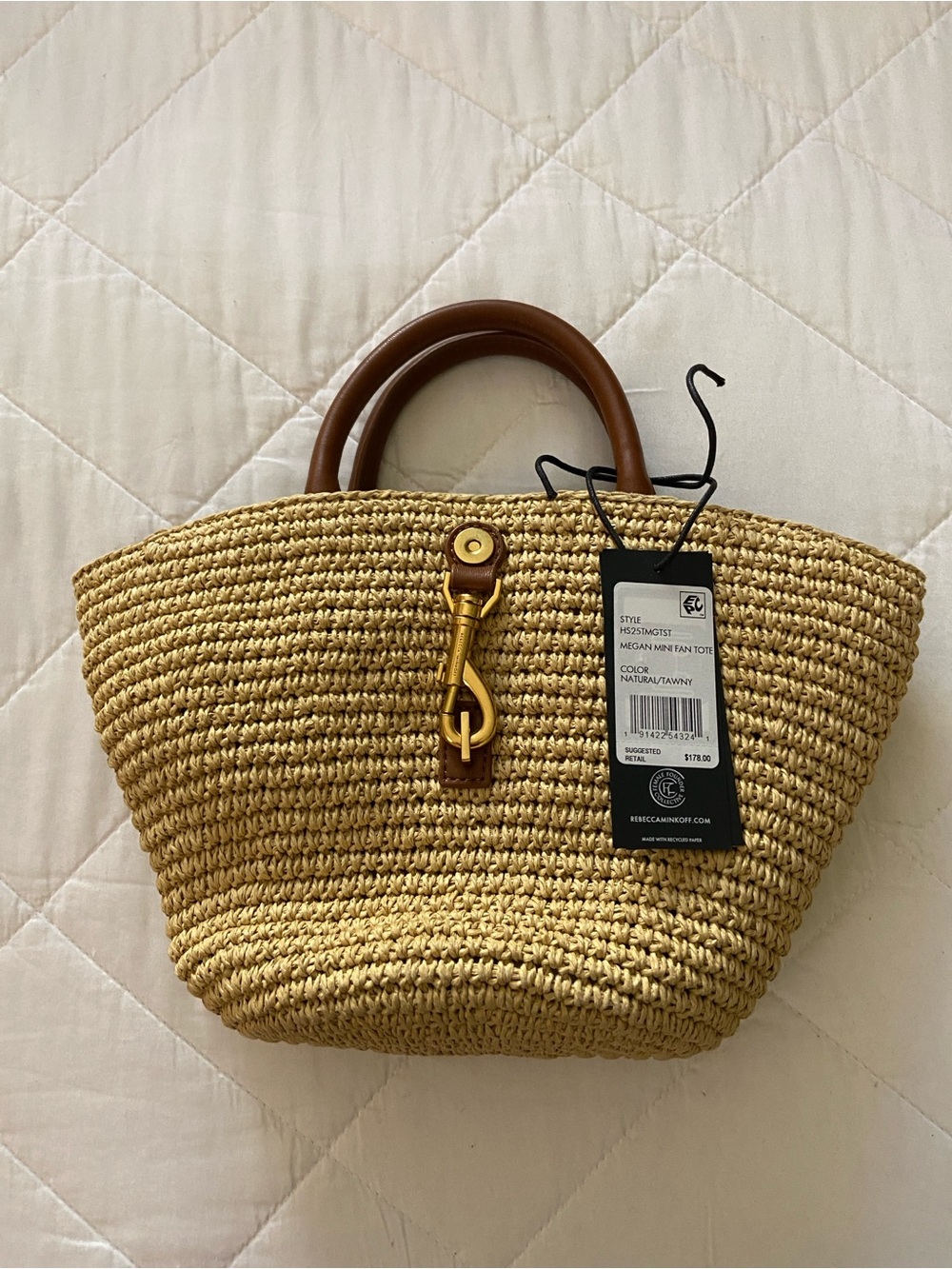 Rebecca Minkoff Natural Straw Tote with Brown Handles and Gold Hardware